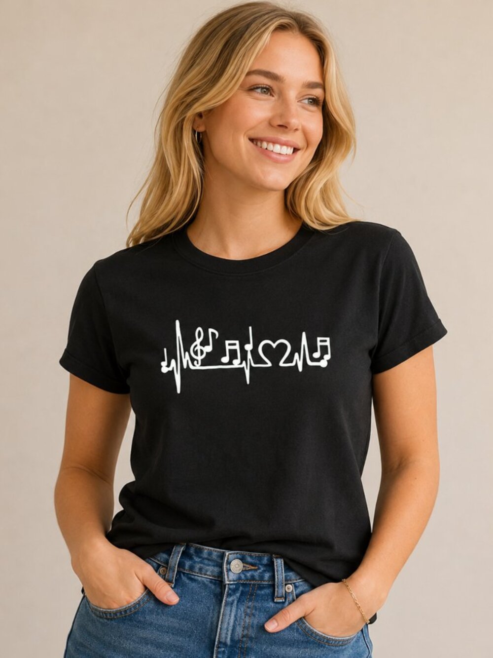 Music Heartbeat Tee Womens M Black Treble Clef Notes Heart Musician Shirt